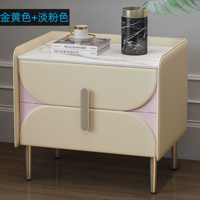 Nordic light luxury sintered stone nightstand, minimalist modern leather bedroom bedside table, solid wood upholstered, ultra-minimalist light luxury style