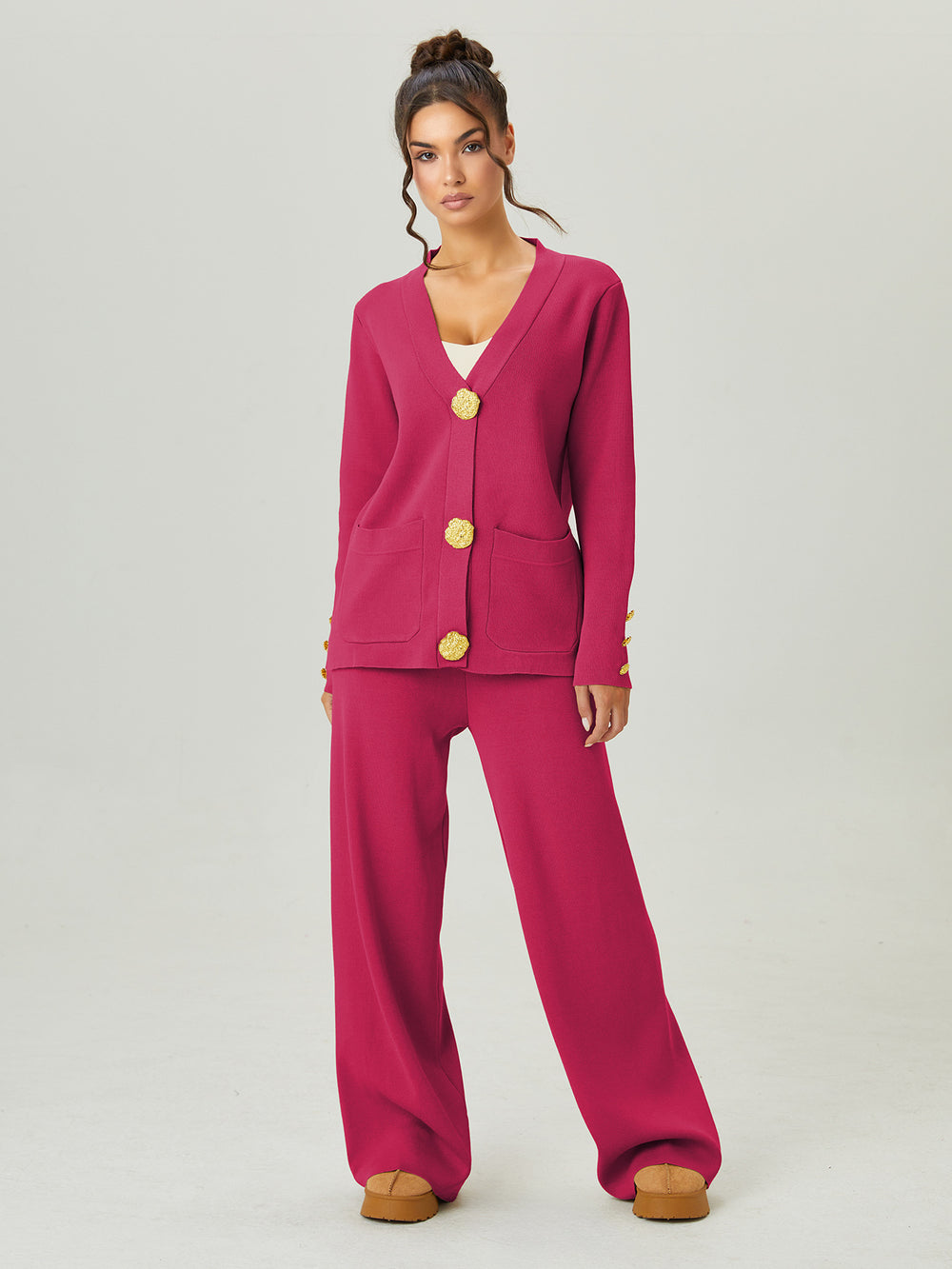 Premium chanel-inspired two-piece set for women: versatile knitted cardigan with metal button detail and casual pants - perfect for autumn and winter