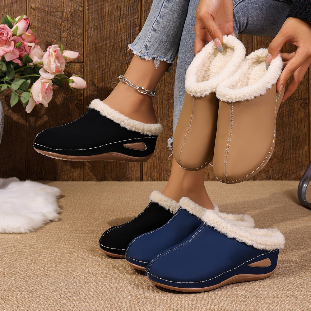Women's plus size fleece-lined wedge slippers - new autumn  collection - thick-soled, warm, furry, closed-toe cotton slippers - size 43