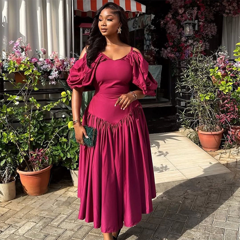 European and american cross-border women's fashion  summer new arrival: elegant puff sleeve camisole bodycon pleated asymmetrical dress