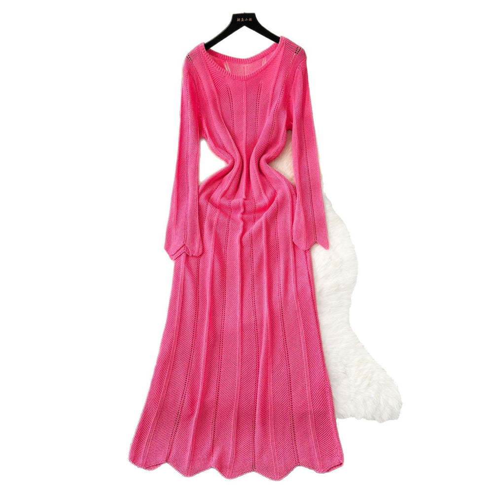 Gentle wind niche styleclassy round neck long sleevescut outknittingdress women's inner suspender skirt layered two-piece set