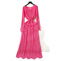 Gentle wind niche styleclassy round neck long sleevescut outknittingdress women's inner suspender skirt layered two-piece set