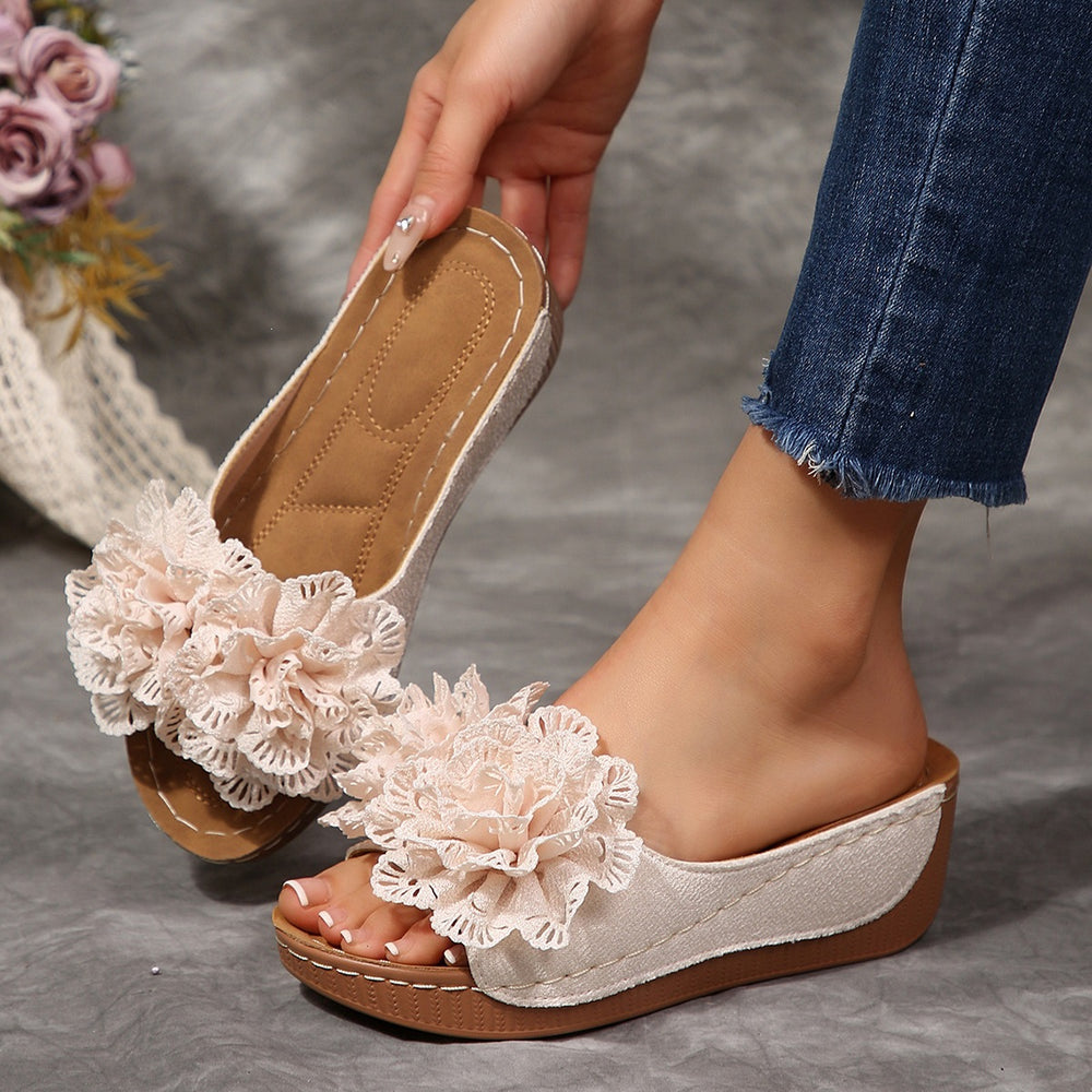 plus sizesummernew arrivalexport wedge thick sole slippers fish mouth one-piece strap flower outwear slippers