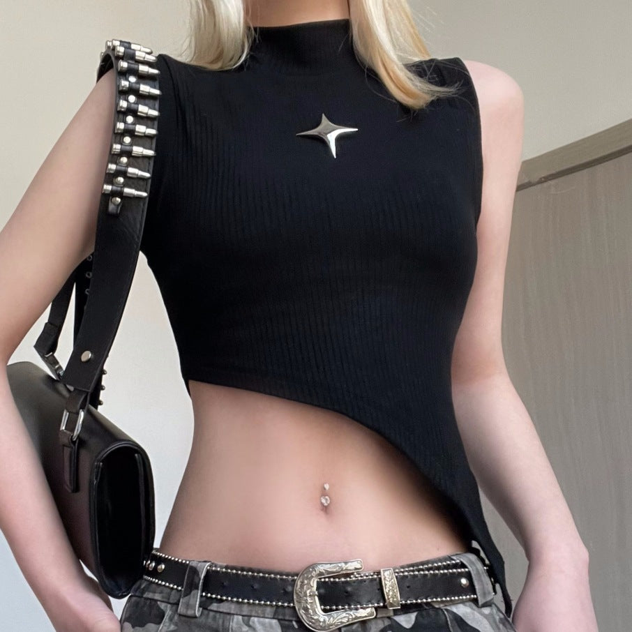 European and American fashion metal five-pointed star decorative splicing semi-turtleneck sleeveless beveled slim top Spice girl vest