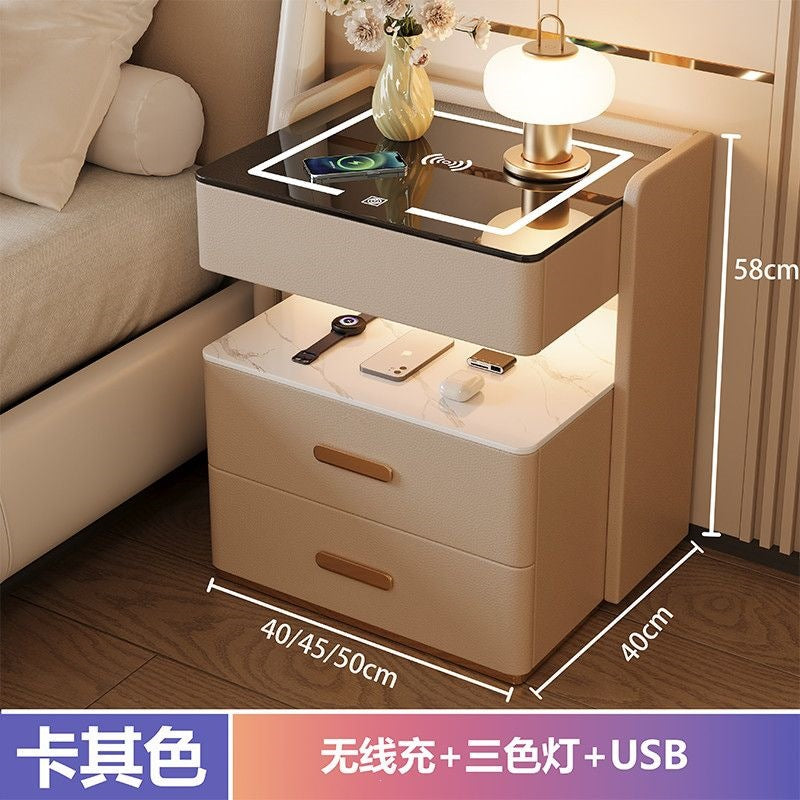 Solid wood smart light luxury bedside table - modern, high-end, home bedroom, minimalist, multifunctional, wireless charging & storage