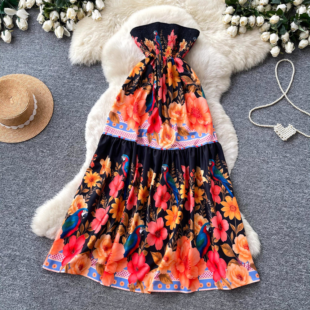 Vacation style halter large printingdress women's summer pure lust style high waistruffles cake skirt french long skirt