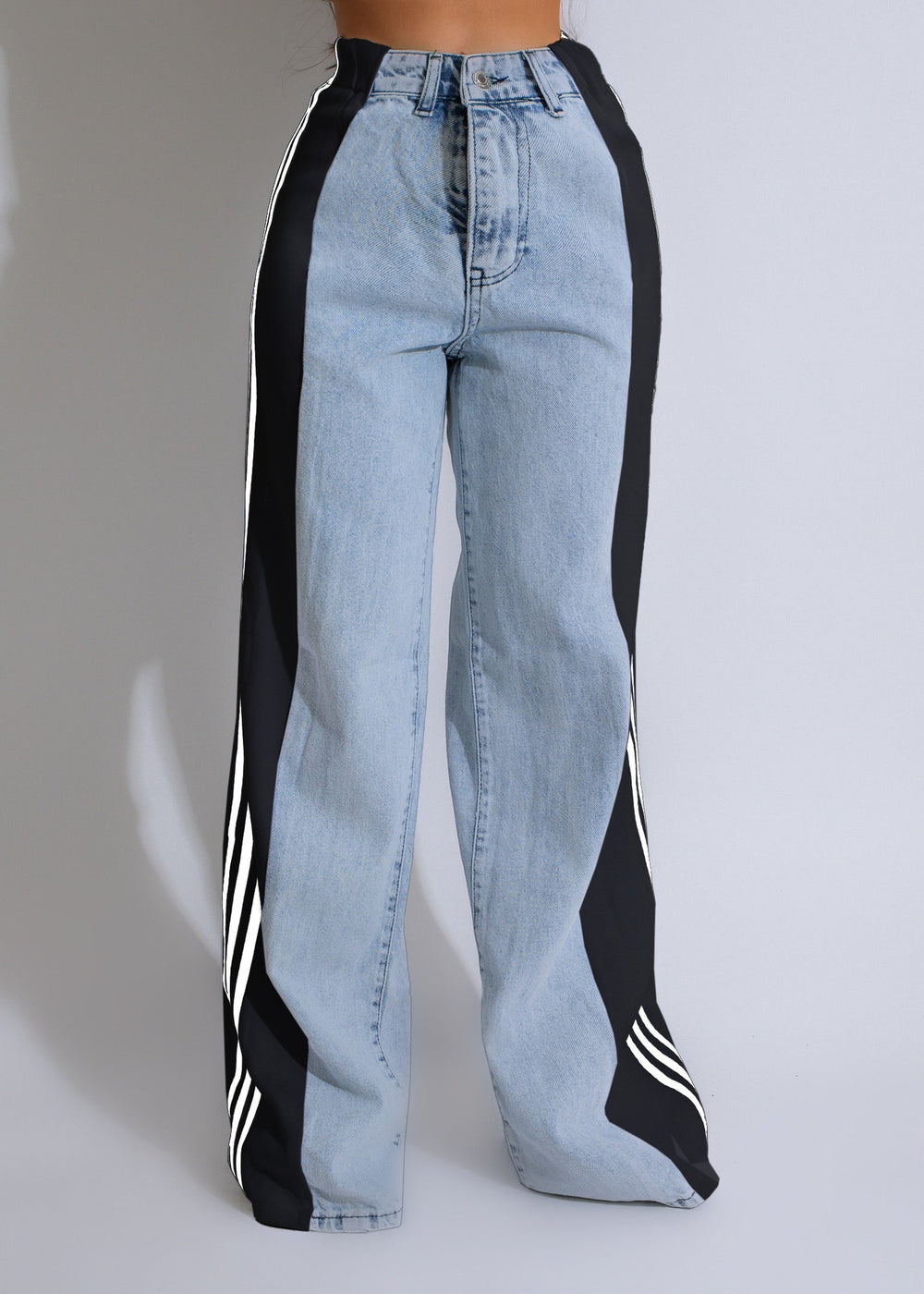 summer fashion patchwork three-stripe wide-leg denim pants - new women's casual high-waisted stretch straight-leg trousers
