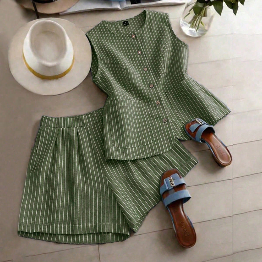 fashion  summer new striped sleeveless top + shorts set - commute & casual two-piece outfit