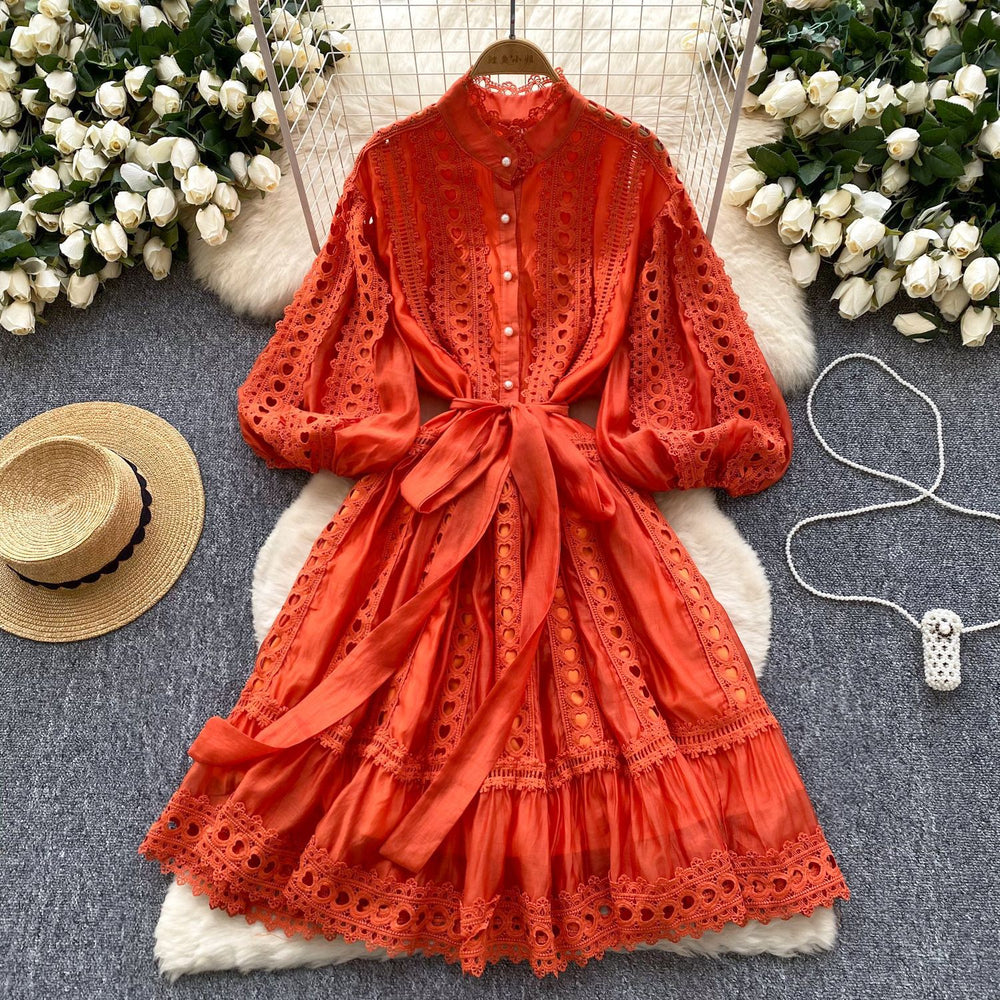 spring/summer new arrival: lantern sleeve vintage hollow-out lace patchwork single-breasted loose tie-waist mini dress for women
