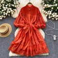 spring/summer new arrival: lantern sleeve vintage hollow-out lace patchwork single-breasted loose tie-waist mini dress for women