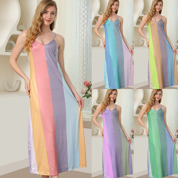 Cross-border  women's hanging color fabric splicing round neck sweet fresh girl style long dress macaron