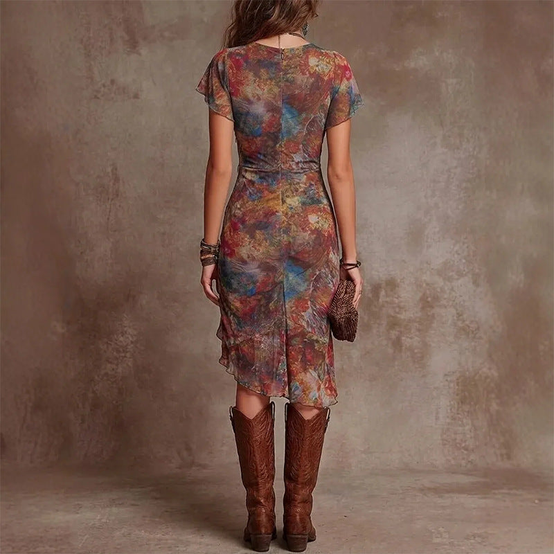 summer new arrivals: women's fashion - cross-border european & american style - elegant printed, cinched-waist, slit dress