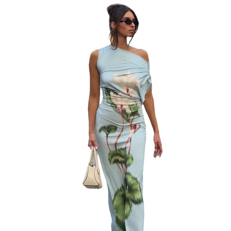 European and american style cross-border slim-fit women's plant print bodycon dress - elegant outdoor asymmetrical neck sleeveless hiking dress