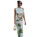 European and american style cross-border slim-fit women's plant print bodycon dress - elegant outdoor asymmetrical neck sleeveless hiking dress