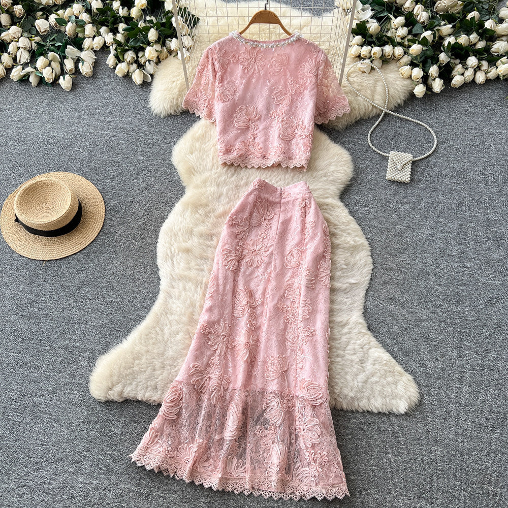 French chic lace patchwork top and skirt set - summer sweet & spicy lace slimming elegance outfit