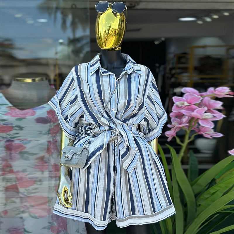 European and american style women's summer  new collection: sweet and fresh striped turn-down collar short-sleeve shirt and high-waisted straight-leg shorts two-piece set