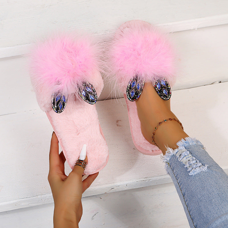 Furry slippers for women outwear 2024 fall and winter new arrivalk-stylepopular ostrich hair thick sole lazy one-word furry slippers