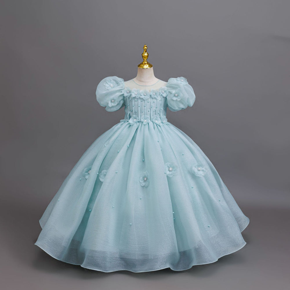 Ready-to-ship children's formal dress: bubble sleeve floral wedding dress, princess party dress for girls