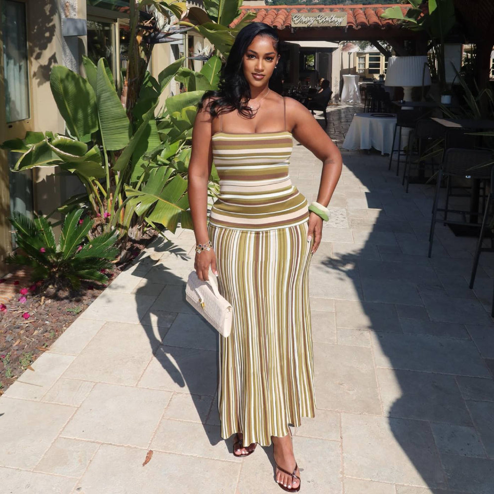 European and american cross-border women's fashion  summer new arrival: elegant striped sleeveless cami top and high-waisted midi skirt set