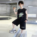 Boys' summer loose-fit two-piece set: sleeveless, trendy, minimalist print short t-shirt and shorts - new  collection