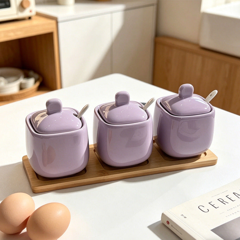 Wow, simple style seasoning jar ceramic seasoning box for home with lid wooden tray msg salt shaker round seasoning jar