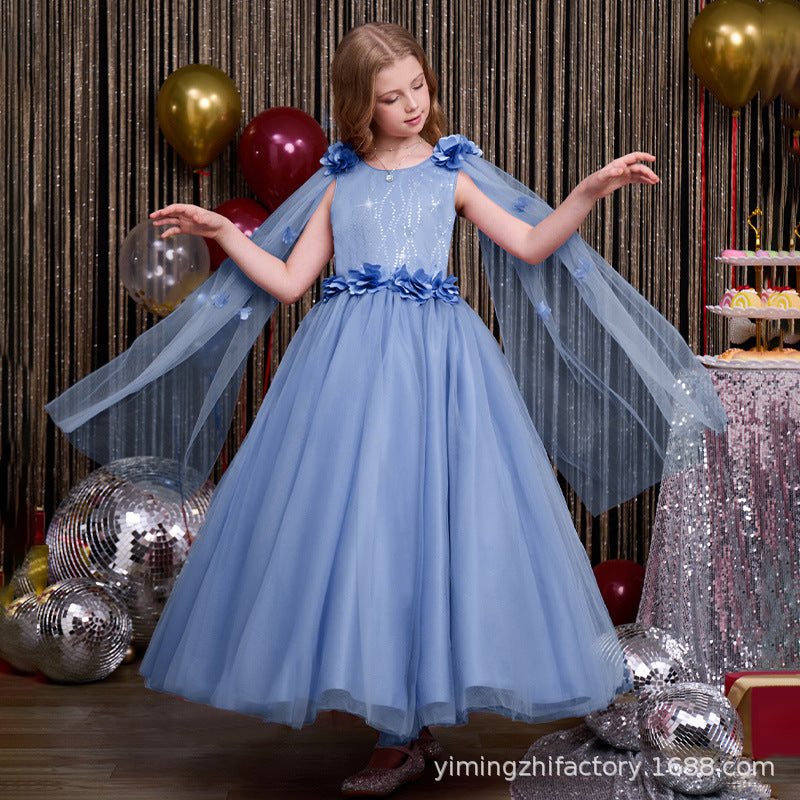 Custom-made girls' tulle dress, longline bow detail, children's princess gown with shawl, elegant european and american style, cross-border e-commerce