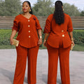European and american cross-border african women's clothing  spring new fashion v-neck solid color long sleeve top and high-waisted pants set