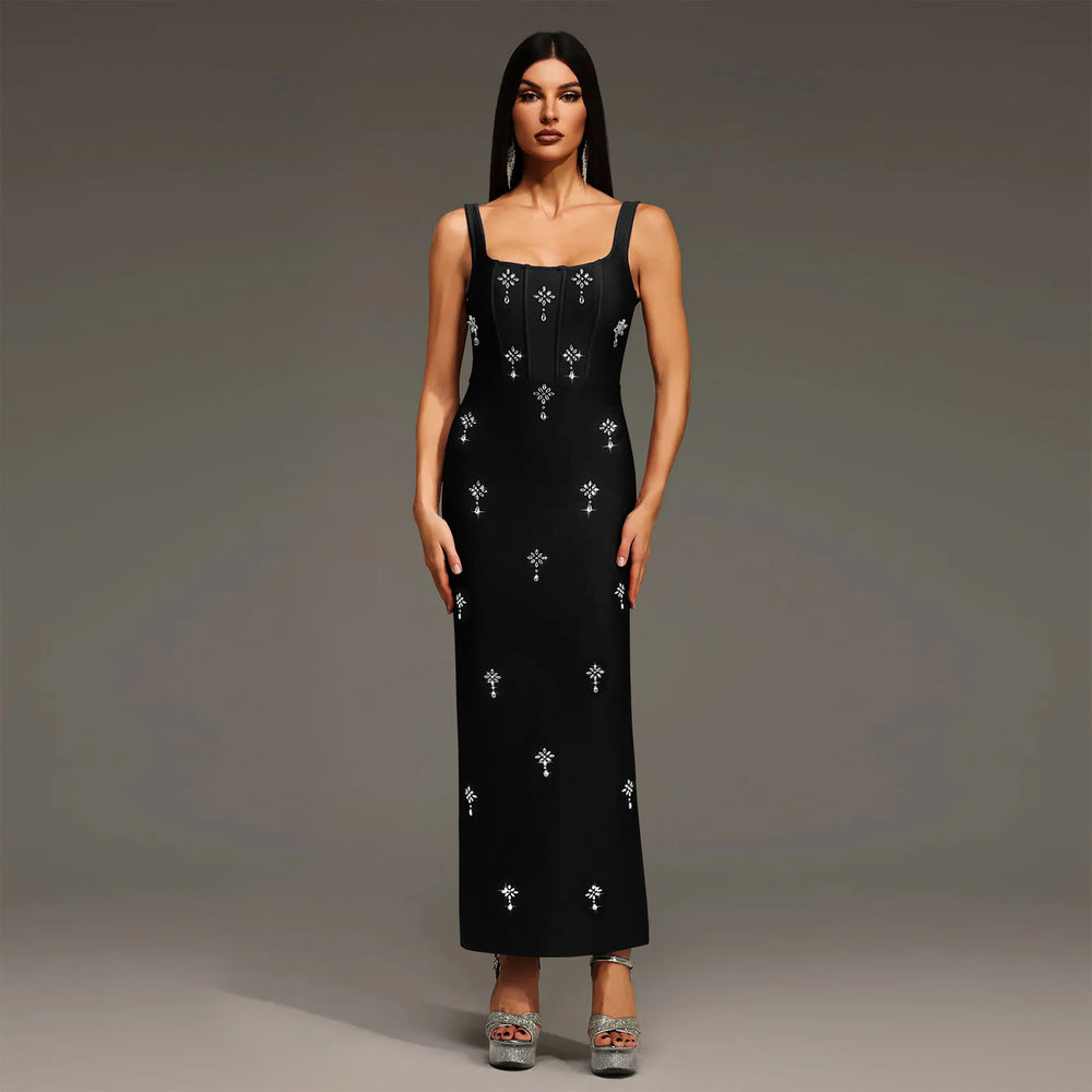 C7657 cross-border   fashion women's elegant rhinestone strap backless dress