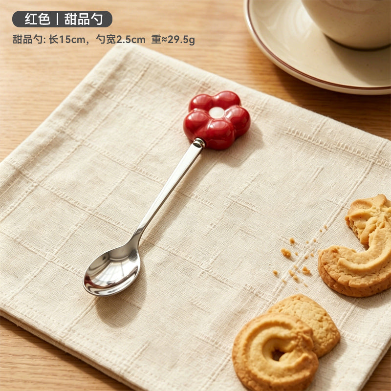 Creative sunflower stainless steel fruit fork desktop decoration ornament ceramic handle spoon exquisite afternoon tea fork wholesale