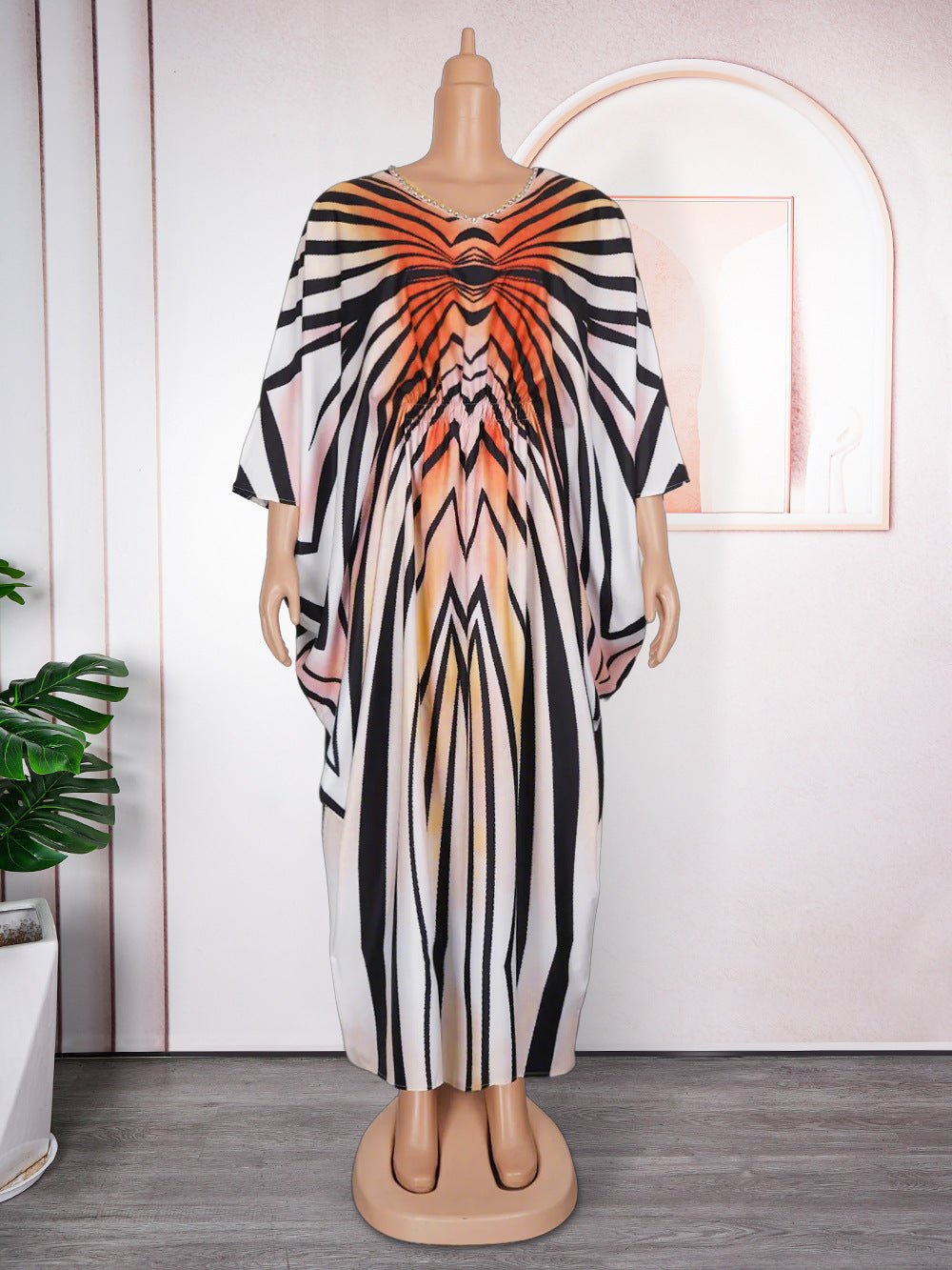 Temu cross-border e-commerce  fashion style fashion gradient stripes african women's large size adjustable waist dress