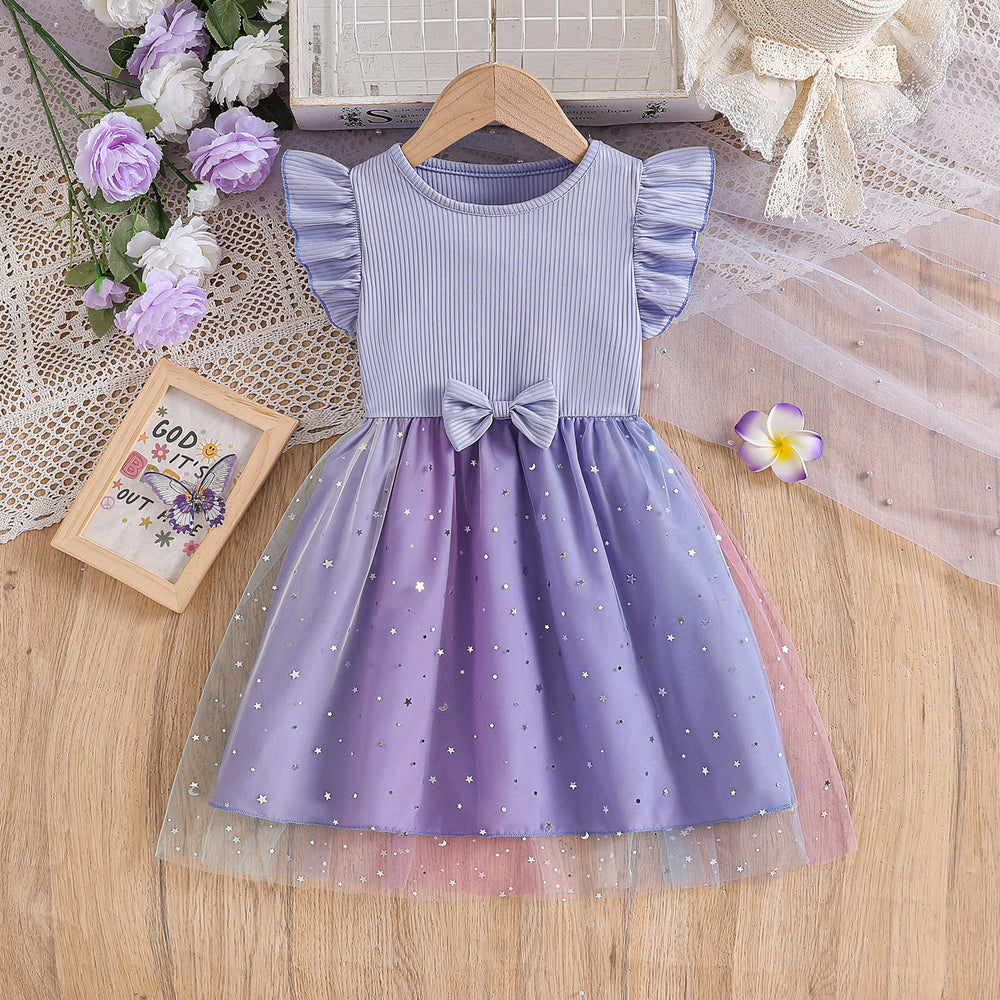 Exportgirl light purple pit strips flying sleeves gradient star mesh skirt summerkidsbows princess dress trendy