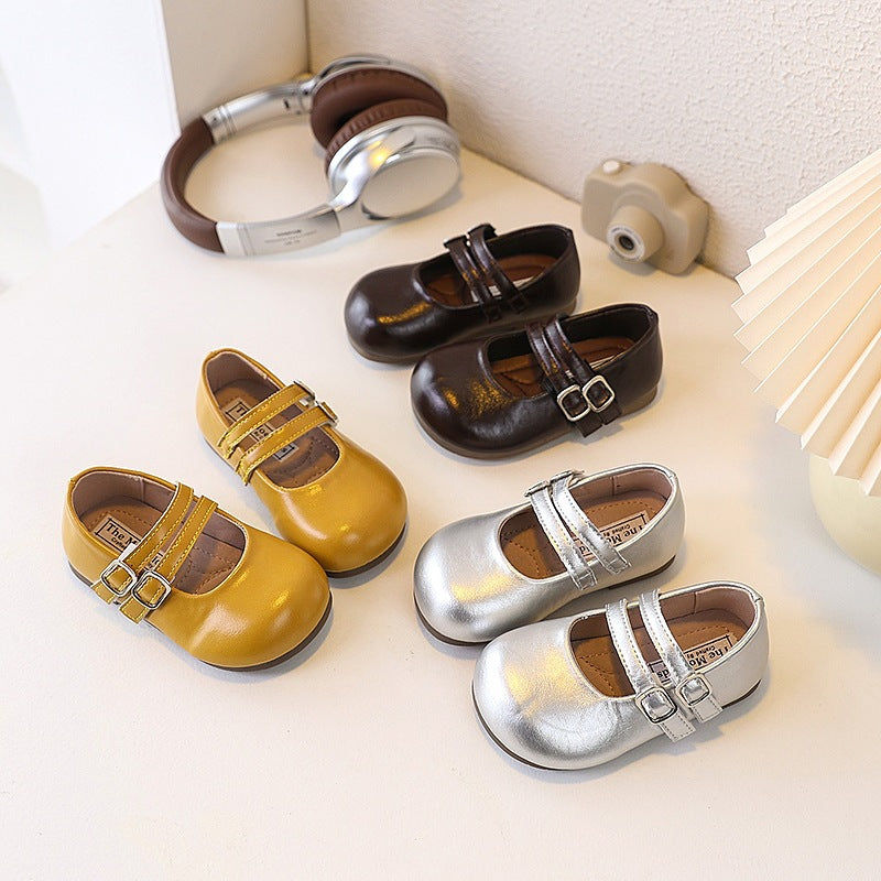 Girls' retro mary jane flats - new fashionable double-breasted versatile children's shoes - velcro soft sole leather shoes