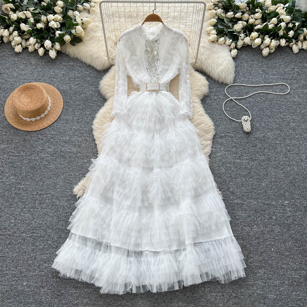 French chic sequin & beaded embellished mesh a-line maxi dress - slimming, elegant, and flattering