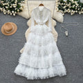 French chic sequin & beaded embellished mesh a-line maxi dress - slimming, elegant, and flattering