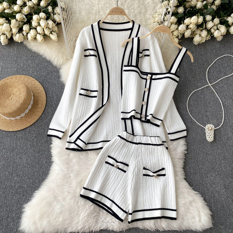 Xiaoxiangfeng autumn clothing 2022 new arrival women's suitlong sleevesknittingcardiganoutwear camisole wide legshorts