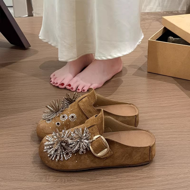 Thick sole hidden heel fireworks rhinestone birkenstock shoes women's 2026new arrivalspring and summer toe-cap half slippers outwear sandals flats