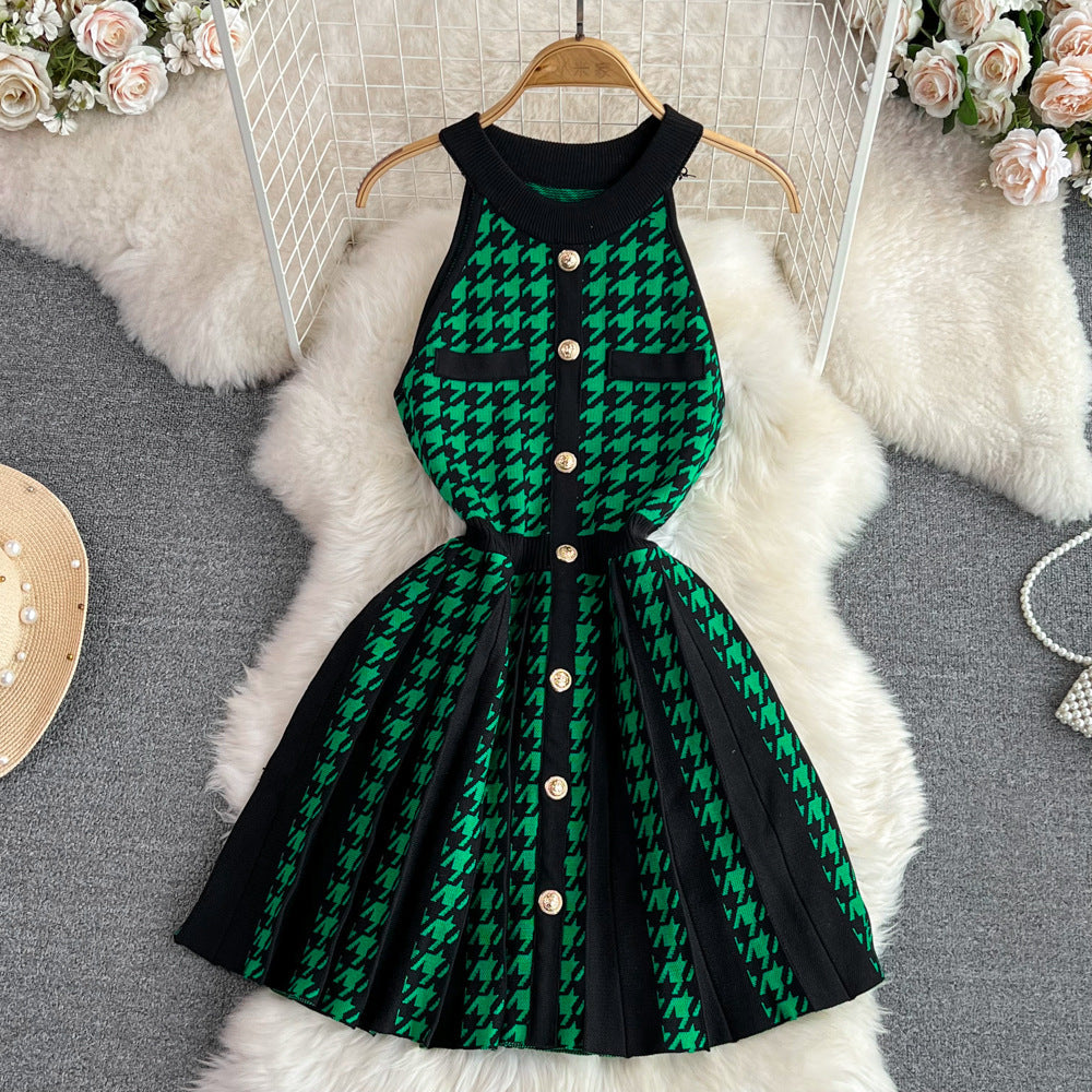 summer american retro halter neck off-shoulder slimming a-line knit mini dress for petite figures