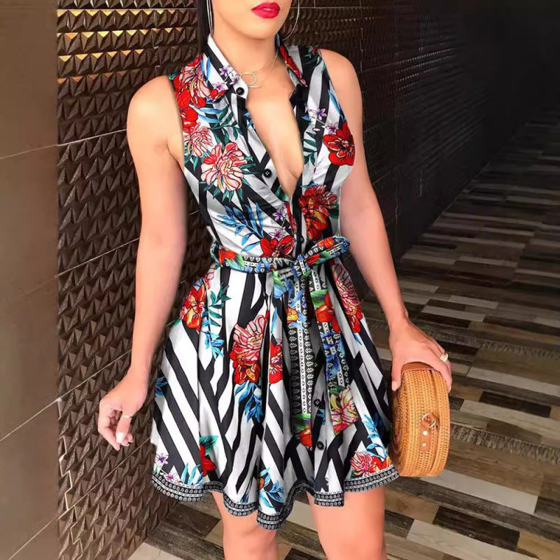 summer new arrival: cross-border women's fashion hot seller - v-neck tie-up sexy printed dress