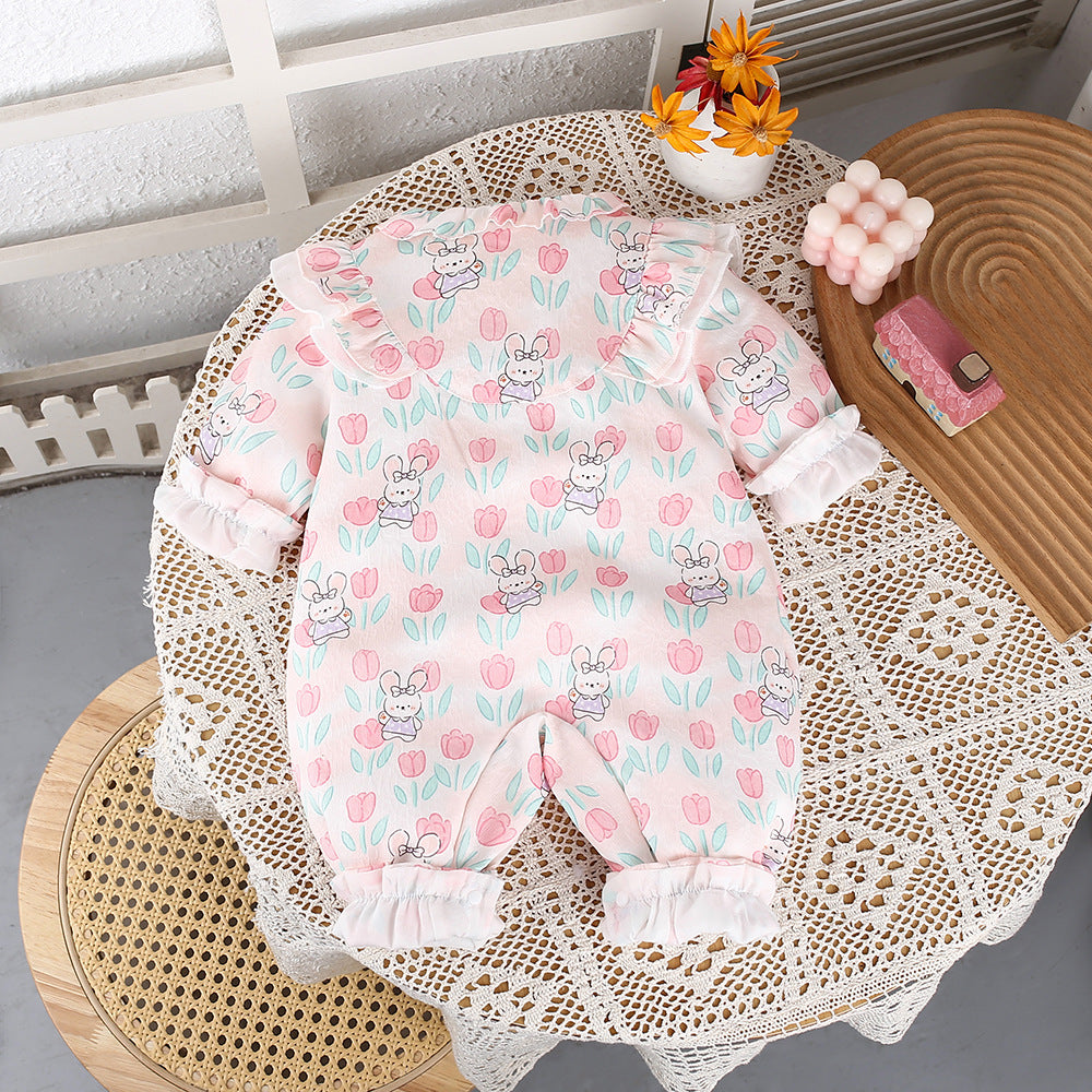 Baby clothes autumn romper infant crawling suit girl double layer cute long sleeve outing clothes princess outing jumpsuit