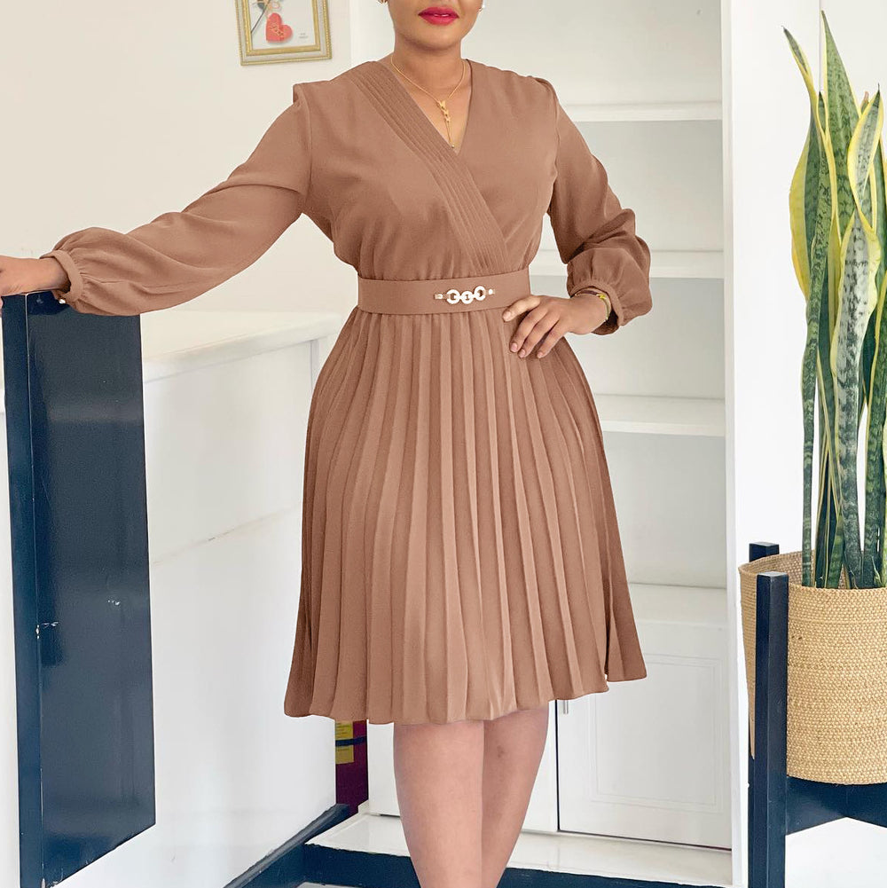 D3316 european and american cross-border  spring new arrival: ol style v-neck fashion pleated high-waisted african dress for export