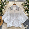 French chic court style blouse - women's fashionable, heavily embellished, rhinestone-studded, cutout embroidery, lantern sleeve top - versatile shirt