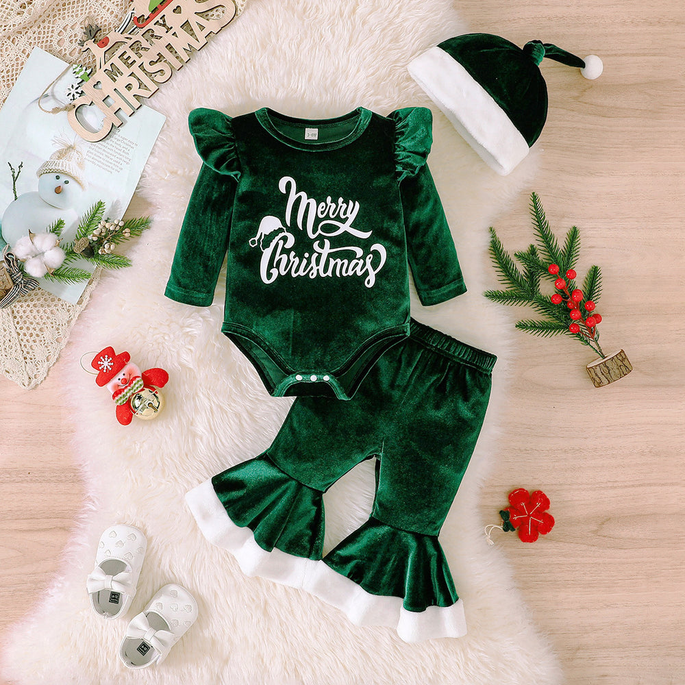christmas girl's cute letter print long-sleeve romper + flare pants + hat three-piece christmas set