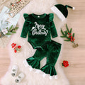 christmas girl's cute letter print long-sleeve romper + flare pants + hat three-piece christmas set