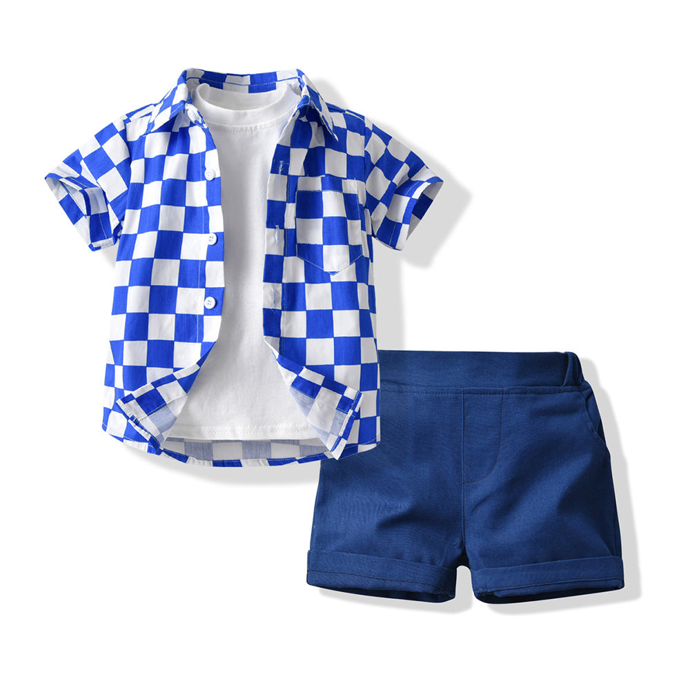 Korean style children's clothing wholesale: spring/summer kids' apparel - boys' checkered shirt & t-shirt short sleeve shorts set