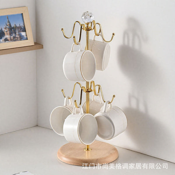 Hanging coffee cup finishing storage rack, desktop teacup, glass drain hanger, wooden bottom, tree-shaped mug holder