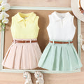 cross-border spring/summer new arrivals: girls' trendy sleeveless ribbed top with pleated skirt and belt set (sizes for toddlers and young children)