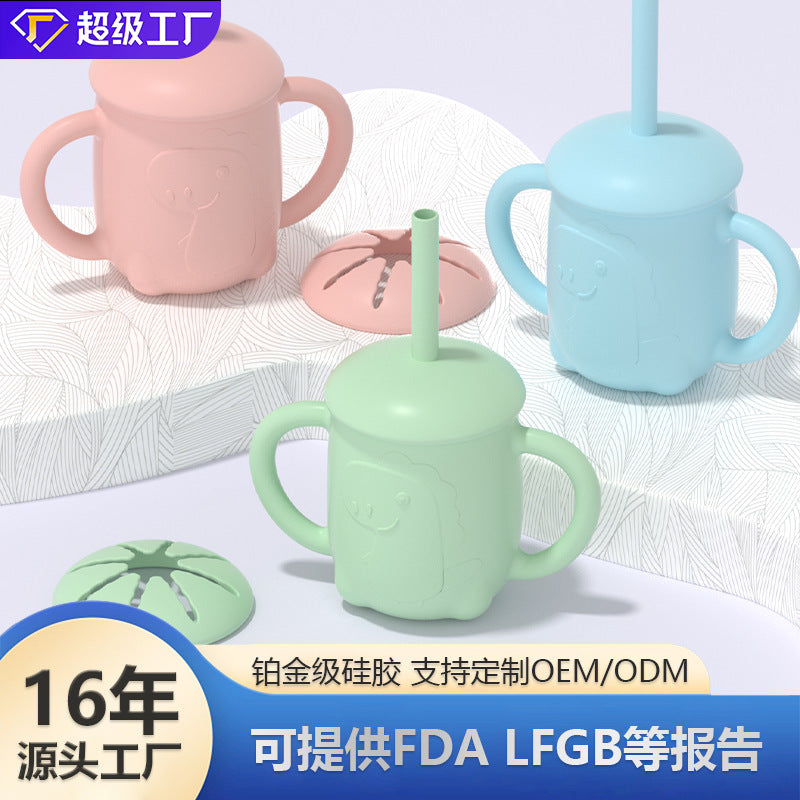 Customized  children's binaural straw cup, silicone water cup, cartoon snack cup, baby learning drink cup, feeding complementary food cup