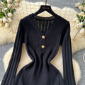 High-end women's dress  new french retro v-neck metallic buckle waist slimming inner layer knit dress
