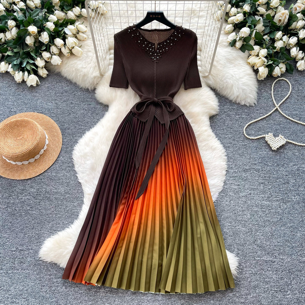 Elegant v-neck gradient color dress - women's summer korean style, slimming a-line pleated maxi dress with drape