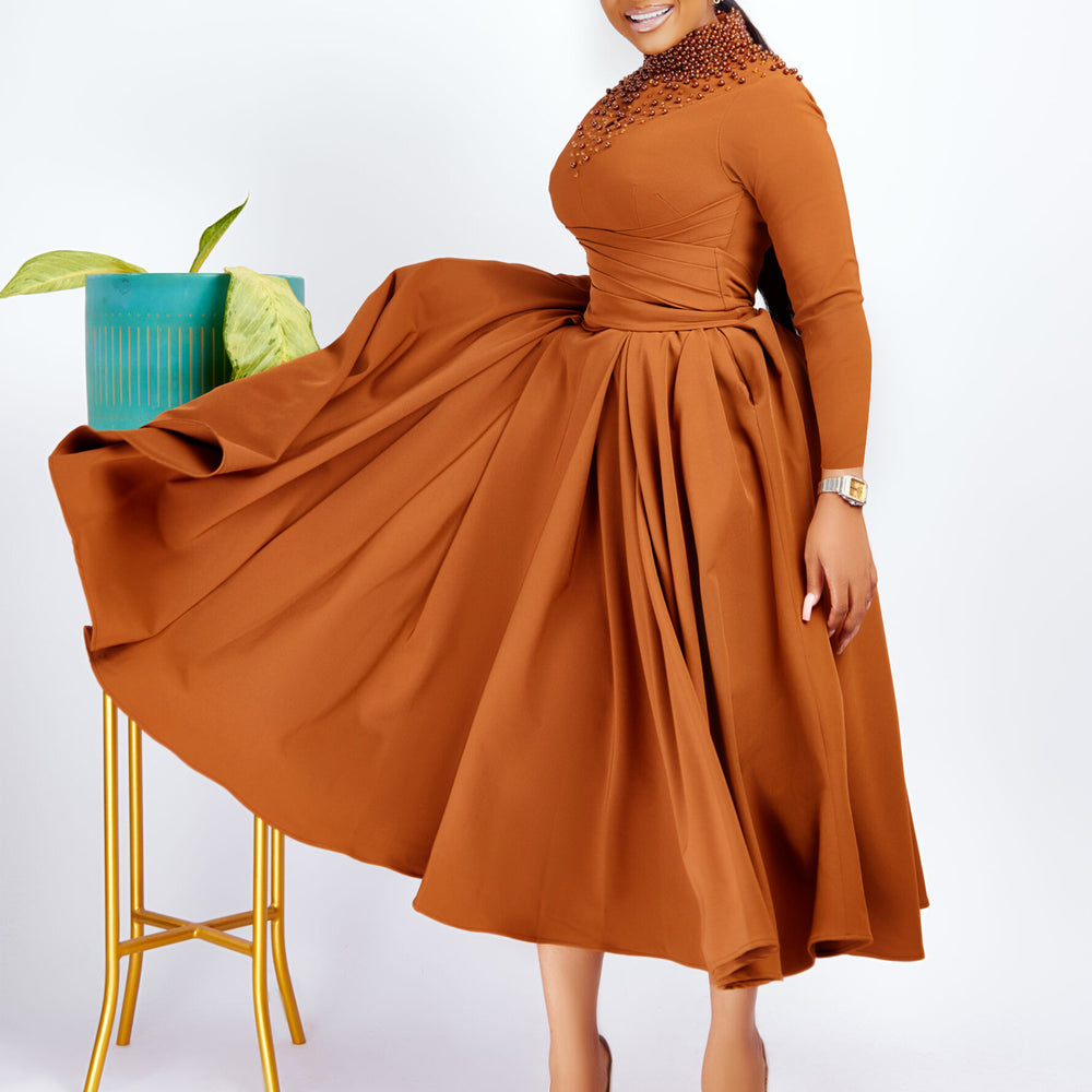 D454  foreign trade women's new fashion high neck elegant beaded flared dress fitted waist african dress